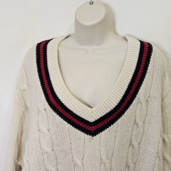 Brandy Melville NIKKI Cream/Red/Navy Cable Knit Oversized Wool Sweater,One Size - Picture 7 of 16